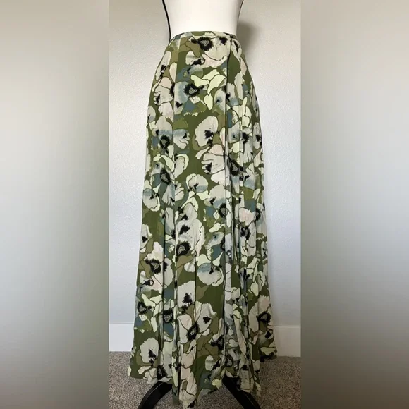 Free People Olive Green Floral A-Line Maxi Skirt with Cream Blooms - Picture 1 of 6